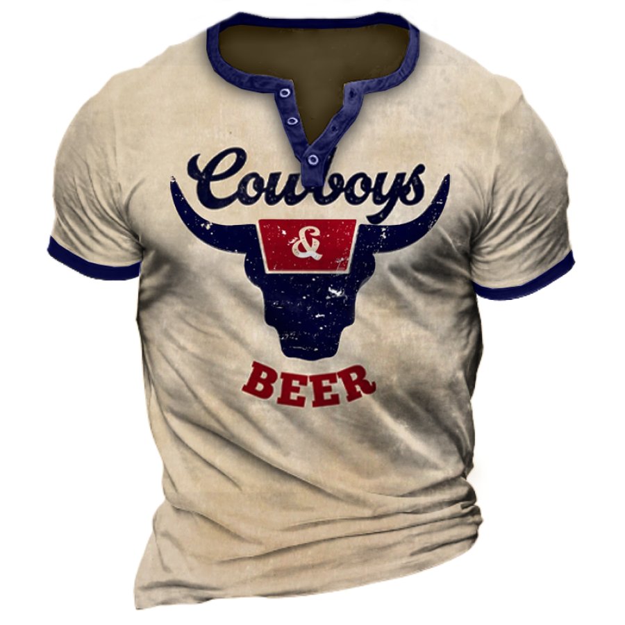 

Camiseta Vintage Coois Beer Cowboys Yellowstone Color Block Henleys Para Hombre