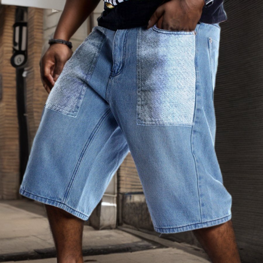 

Pantalones Cortos De Mezclilla Empalmados Con Bloques De Color Retro Para Hombre Jorts Lavados Cepillados