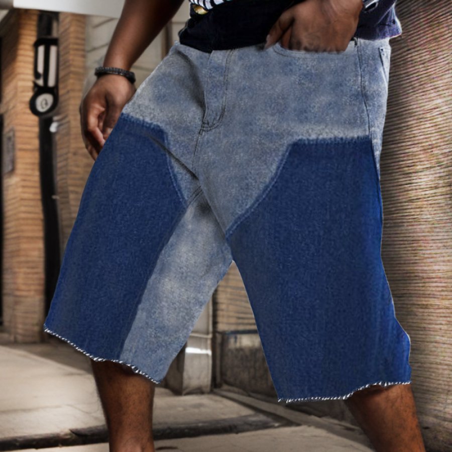 

Pantalones Cortos De Mezclilla Empalmados Con Bloques De Color Retro Para Hombre Jorts Lavados Cepillados