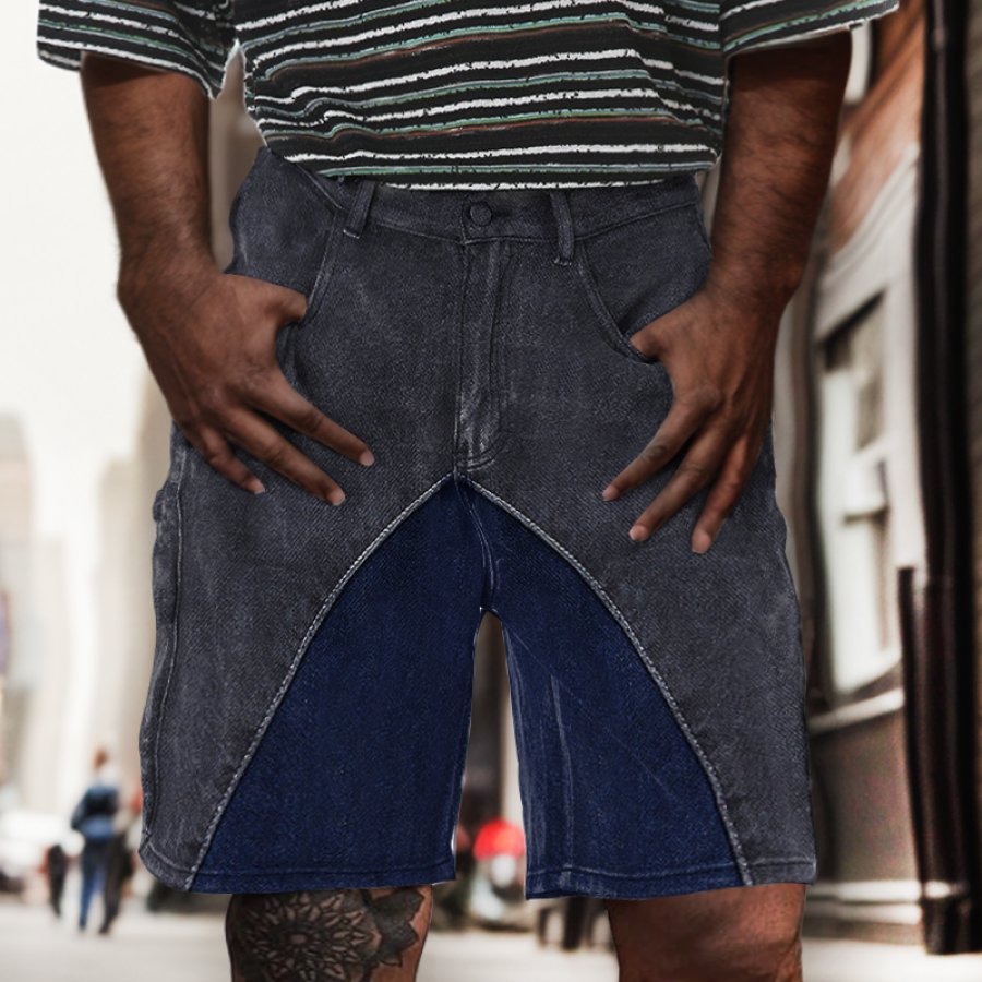 

Gespleißte Jeans-Shorts Im Retro-Farbblock-Stil Für Herren Mit Gebürsteter Waschung