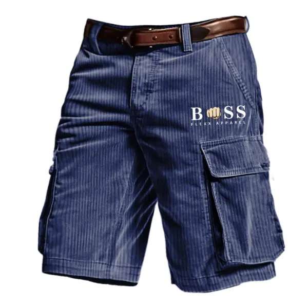 Men's Outdoor Vintage Boss Print Corduroy Multi Pocket Shorts - Elementnice.com 