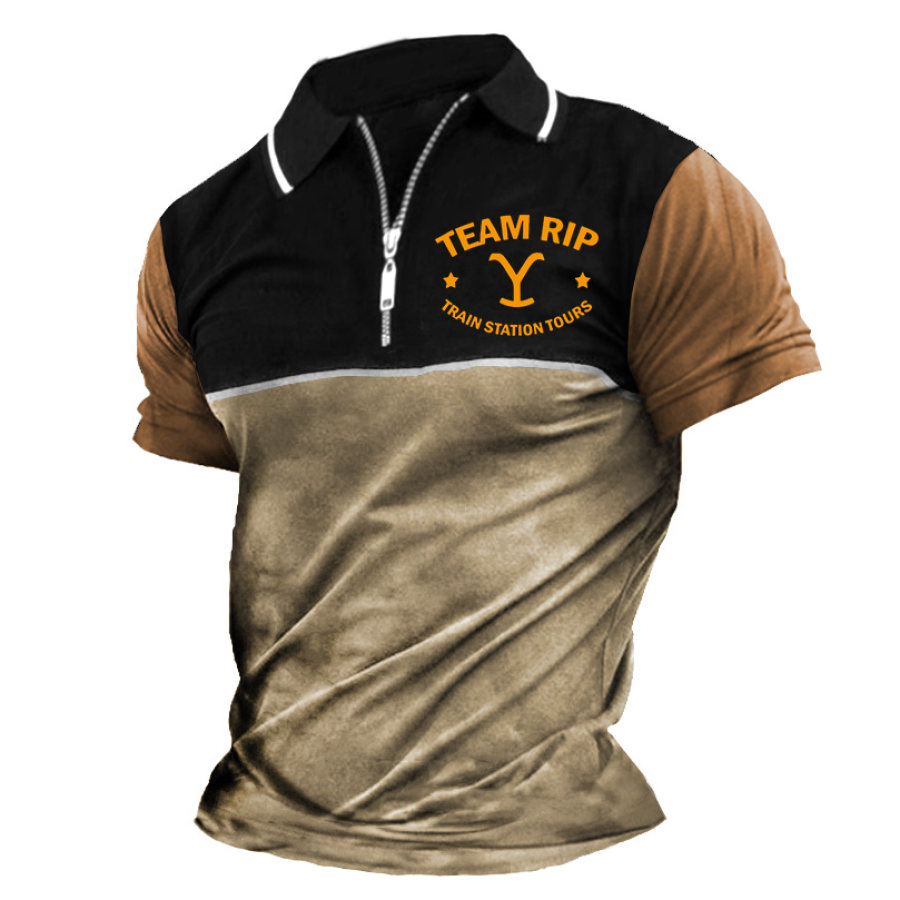 

Herren-T-Shirt Im Vintage-Stil Mit Yellowstone-Farbblock Und Reißverschluss Und Polokragen