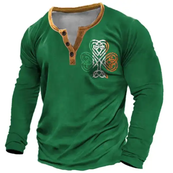 Men's Henley T-Shirt St. Patricks Day Shamrock Celtic Knot Lucky Long Sleeve Tops - Cotosen.com