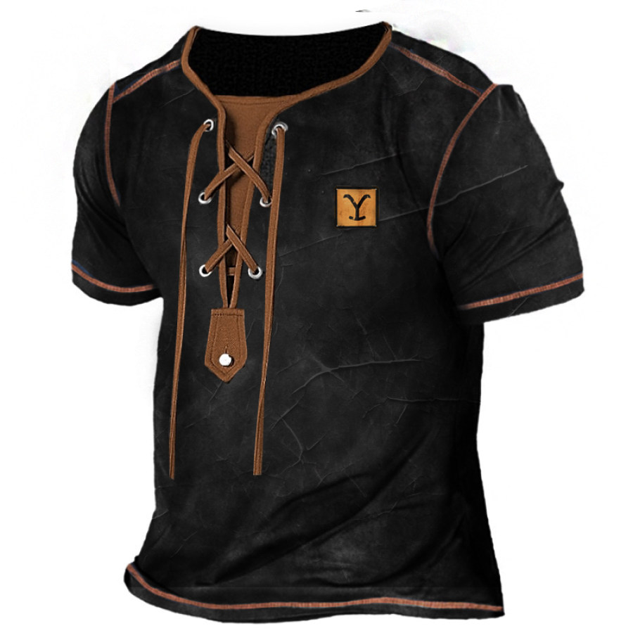 

Vintage Yellowstone Hommes Henley Col Cordon Ample Décontracté à Manches Courtes T-Shirt