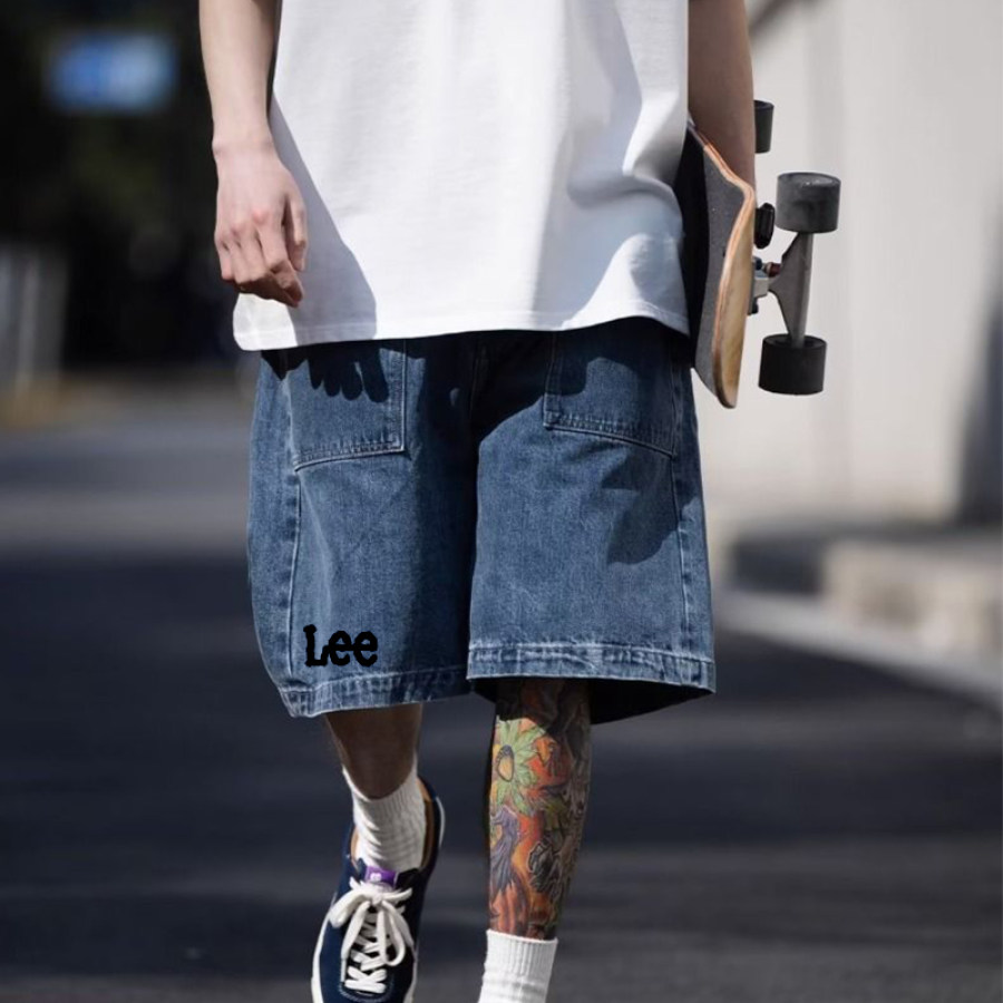 

Jorts Azules Lavados De Gran Tamaño Con Estampado Lee Para Exteriores De Moda Para Hombre