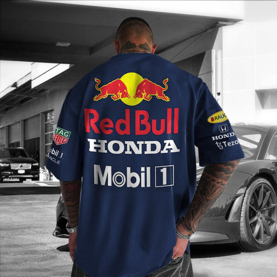 

Мужская футболка большого размера с гоночным принтом в стиле ретро синяя