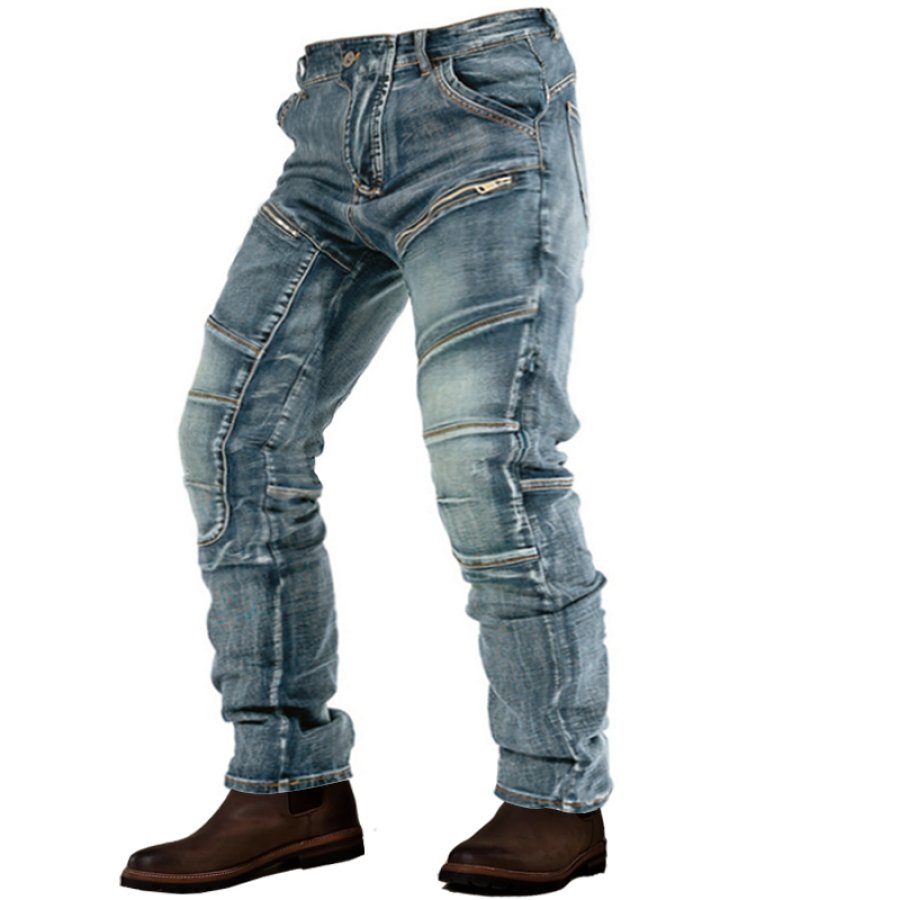 

Pantalon De Moto Rétro à Double Fermeture éclair Pour Hommes Jean Slim