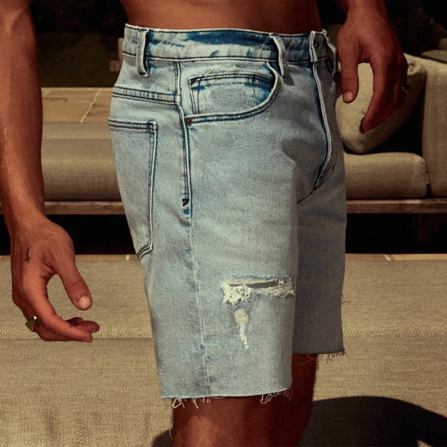 

Herren-Shorts Aus Gewaschenem Zerrissenem Schmal Geschnittenem Retro-Denim Im Retro-Stil