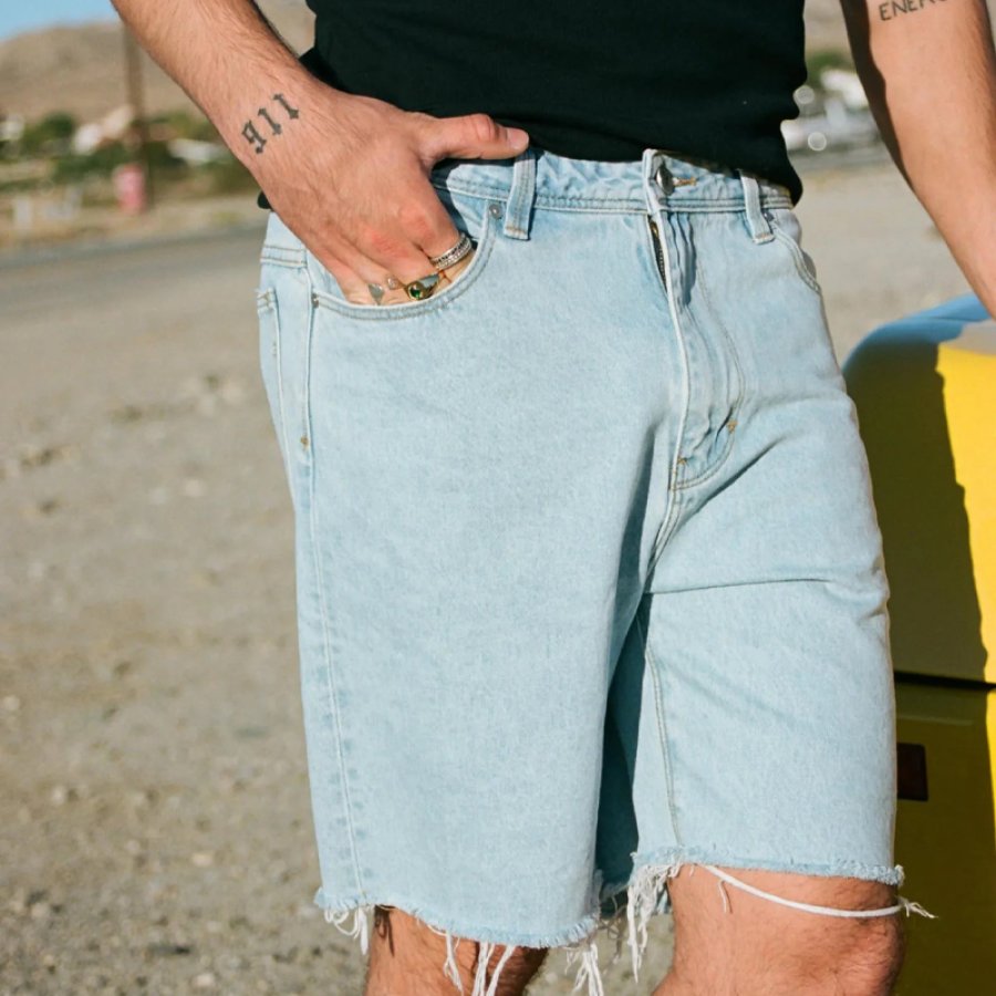 

Short En Jean Slim Court à Pampilles Délavées Rétro Pour Hommes Jorts