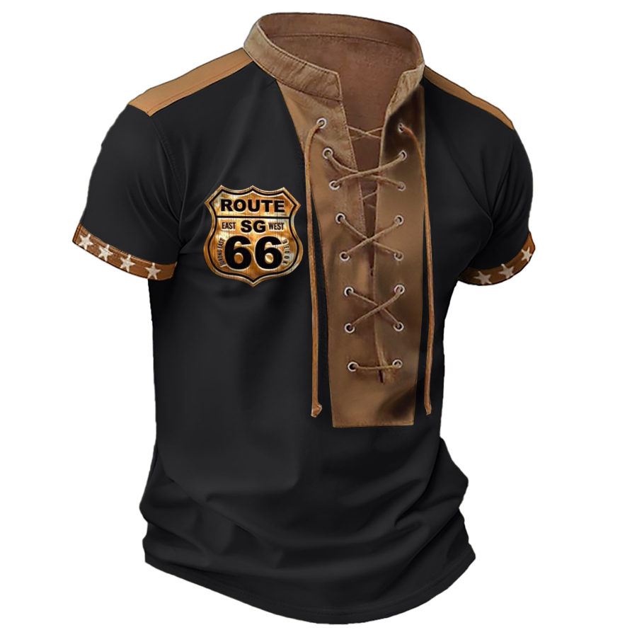 

T-Shirt Homme Vintage Route 66 À Lacets Col Montant Manches Courtes Bloc De Couleur Eté Quotidien Hauts