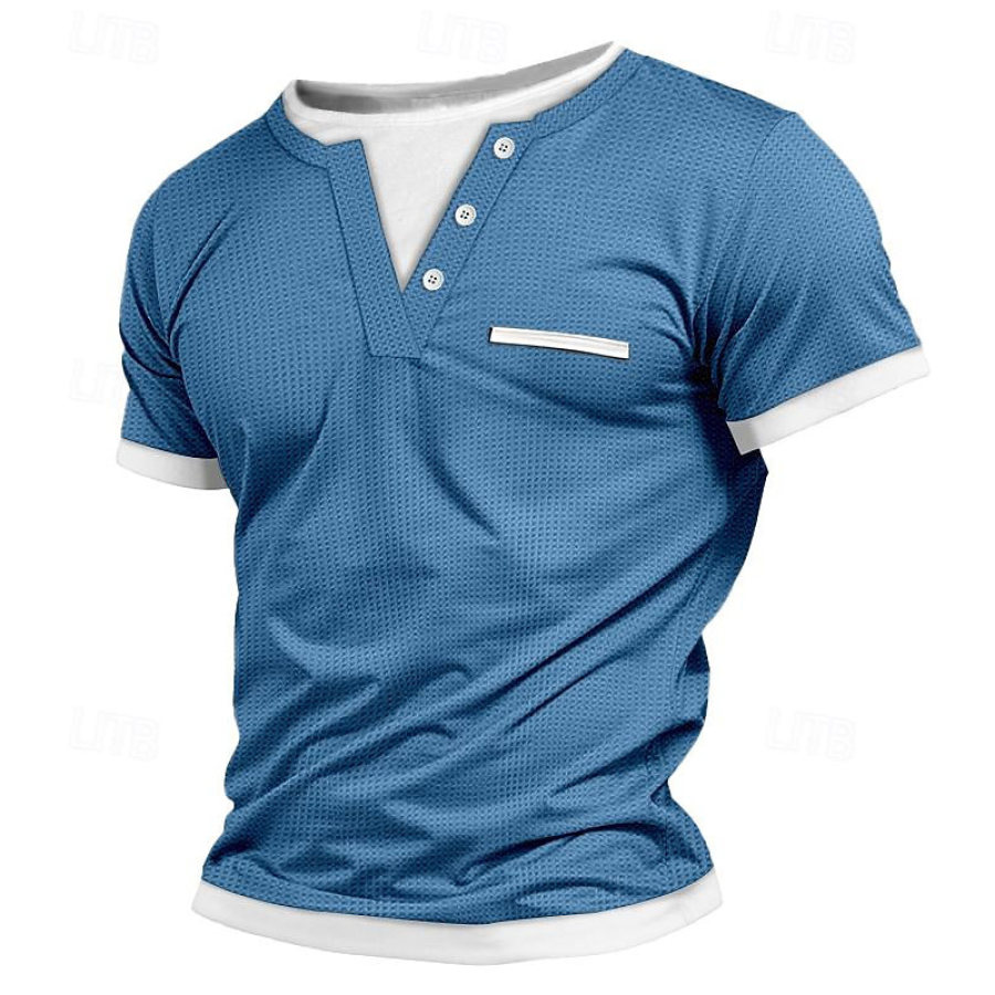 

Herren Henley T-Shirt Vintage Waffel Farbblock Kurzarm Sommer Alltag Tops