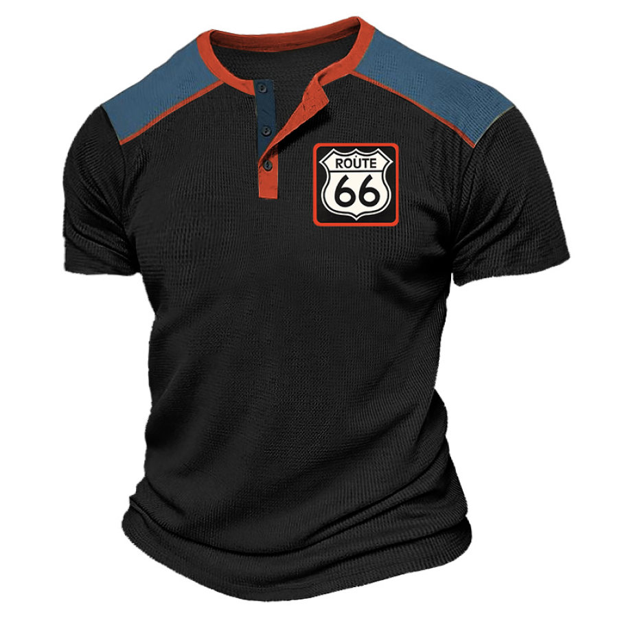 

Men's Henley T-Shirt Vintage Route 66 Waffle Color Block Short Sleeve Summer Daily Tops