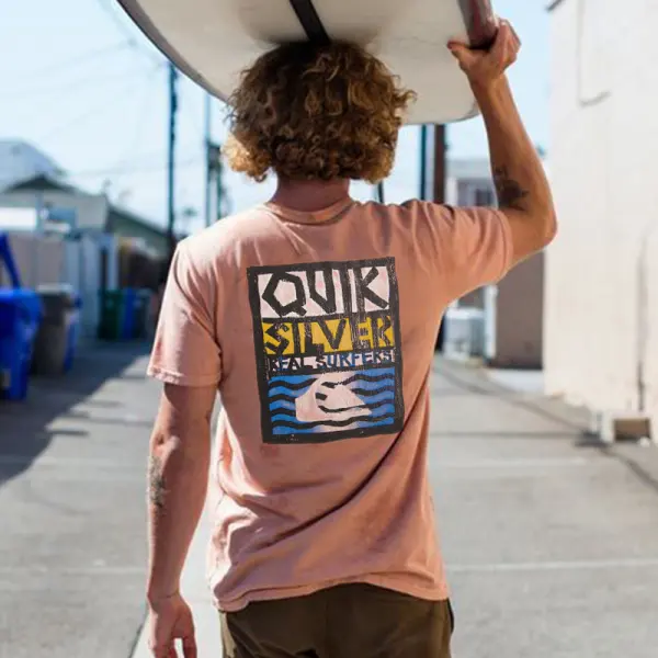 Men's Surf Print Beach Vacation Short Sleeve T-Shirt Pink - Yiyistories.com 
