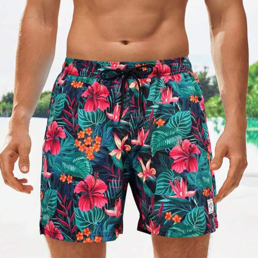 

Men's Flower Print Drawstring Waist Swim Trunks