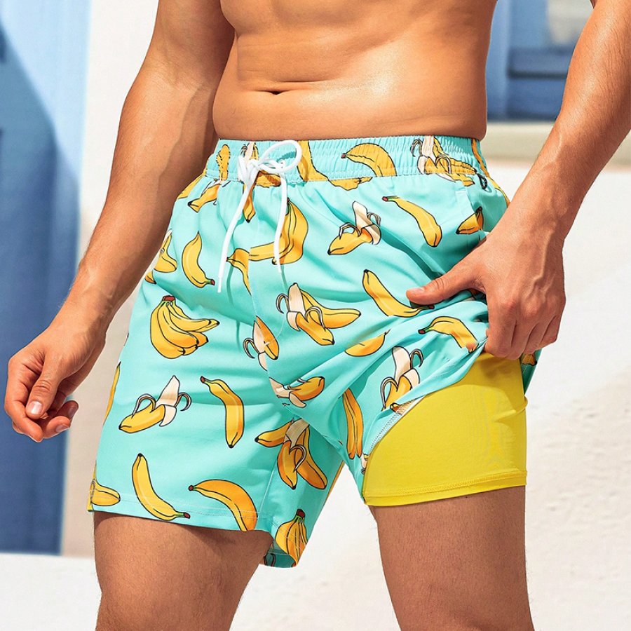 

Men Banana Print Drawstring Waist Swim Trunks