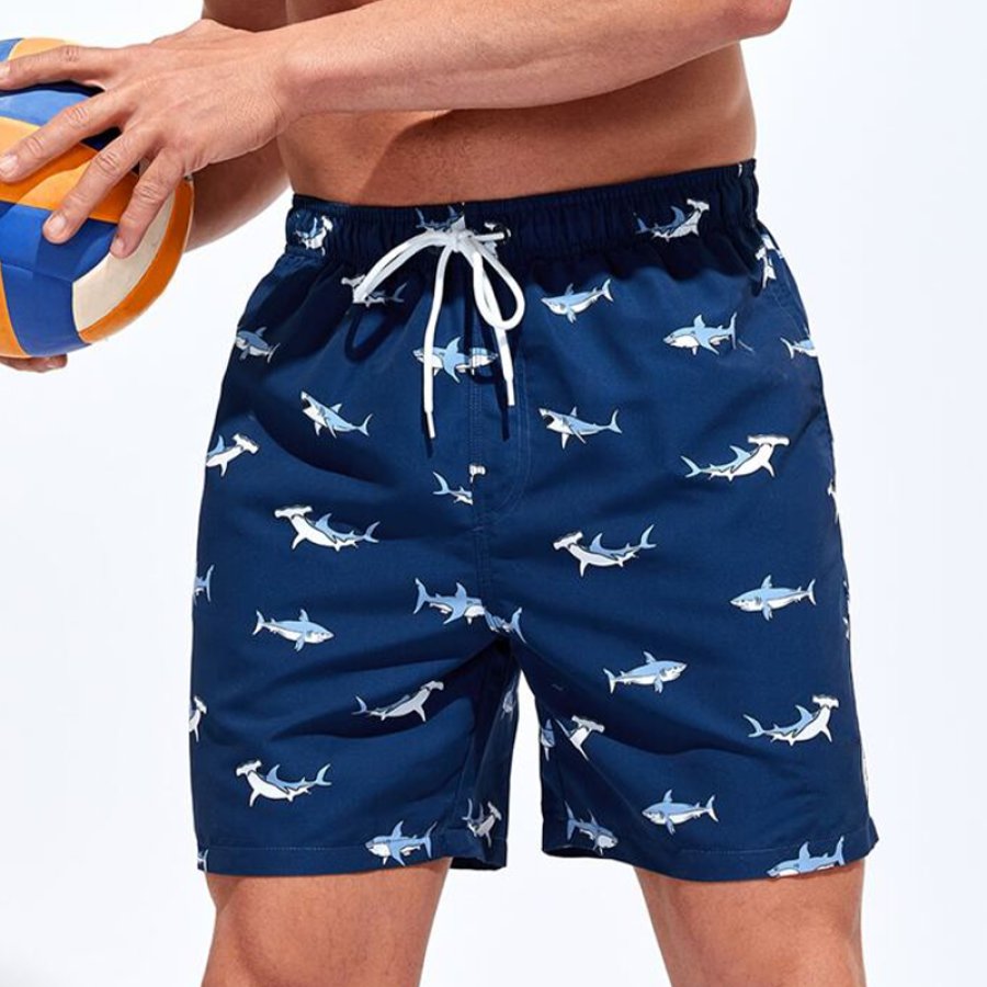 

Men's Shark Print Drawstring Waist Swim Trunks