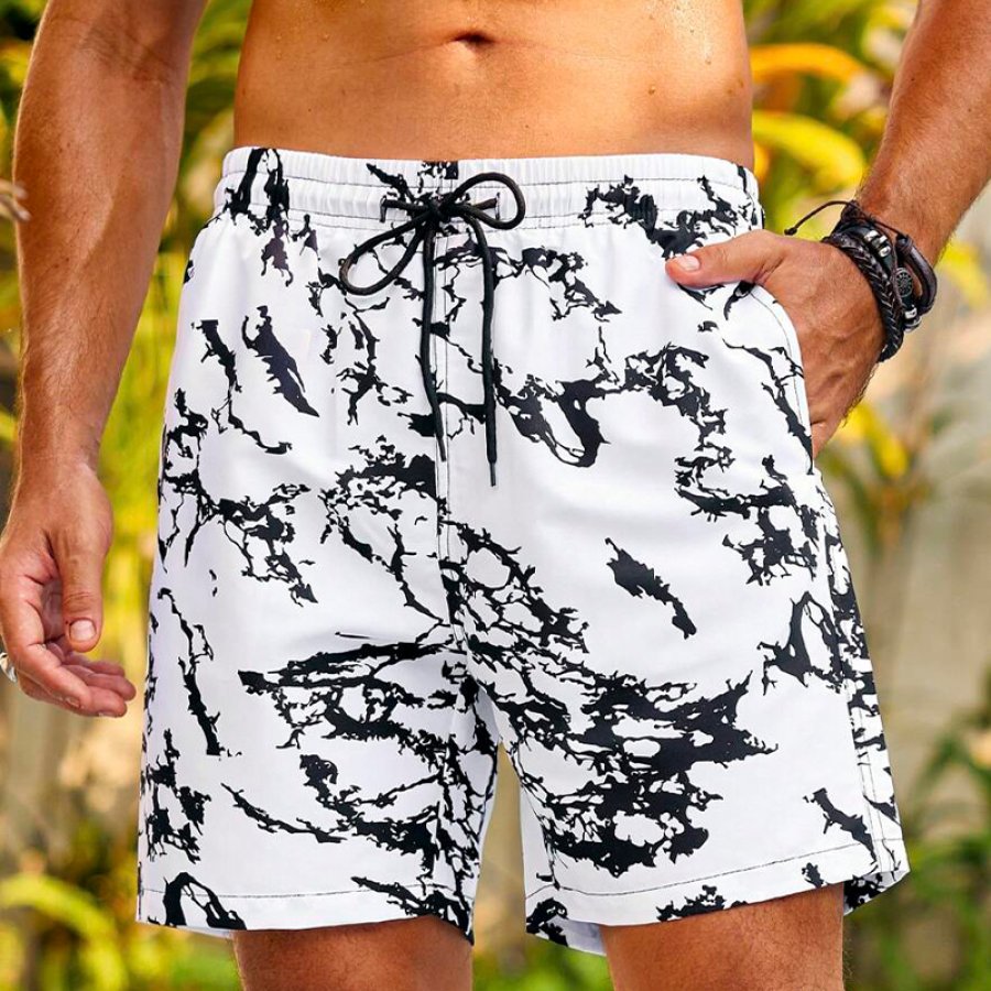 

Men's Marble Texture Print Drawstring Waist Swim Trunks