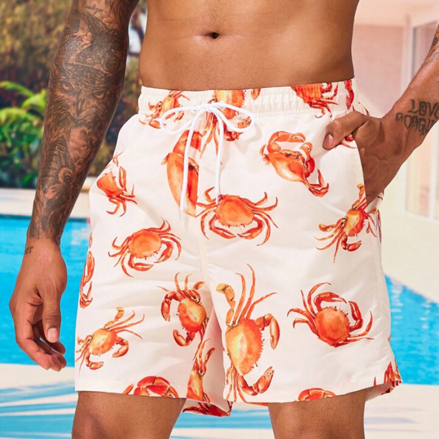 

Men Crab Print Drawstring Waist Swim Trunks