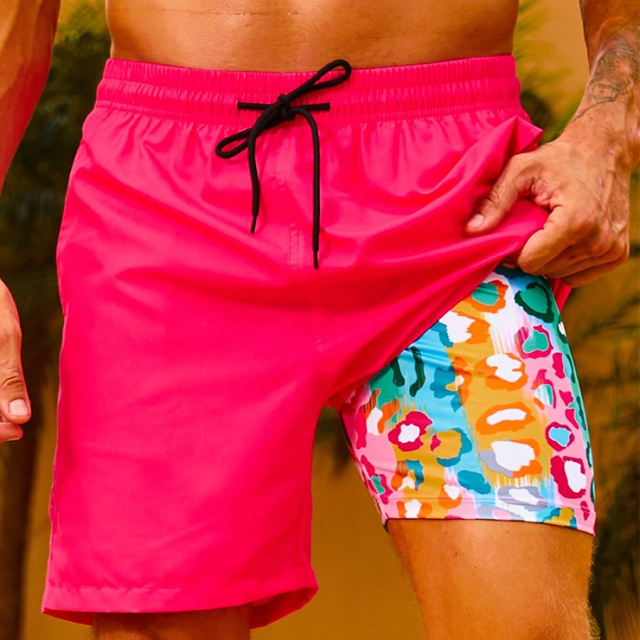 

Men Leopard Print Drawstring Waist Swim Trunks