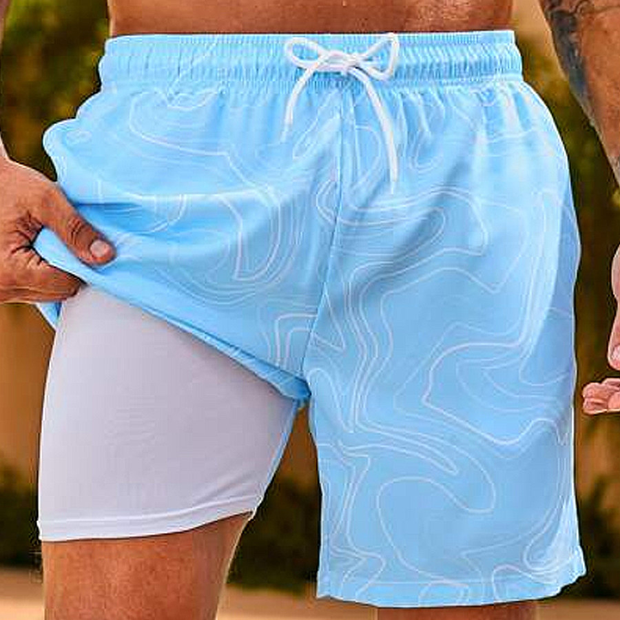 

Men Pattern Print Drawstring Waist Swim Trunks