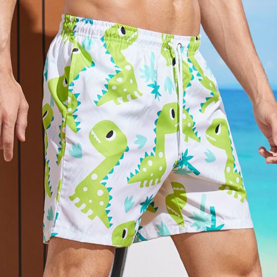 

Men's Dinosaur Print Drawstring Waist Swim Trunks