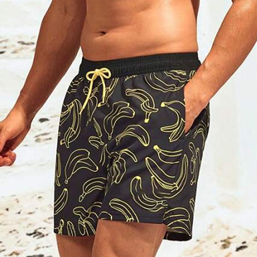 

Men Banana Print Drawstring Waist Swim Trunks