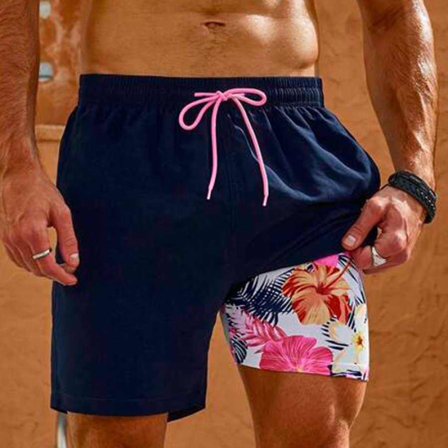 

Men Flower Print Drawstring Waist Swim Trunks