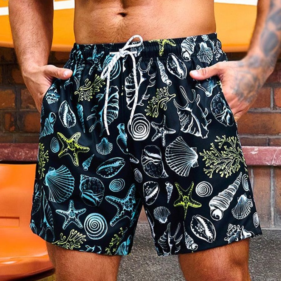 

Men's Marine Life Patterns Print Drawstring Waist Swim Trunks