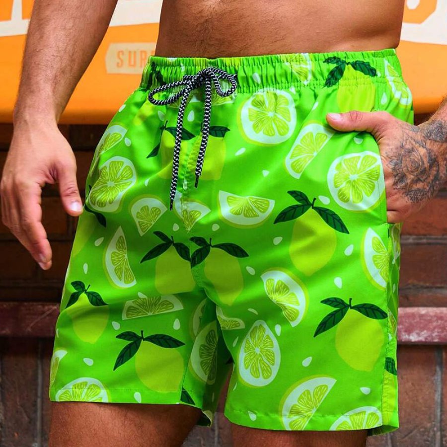 

Men's Lemon Print Drawstring Waist Swim Trunks