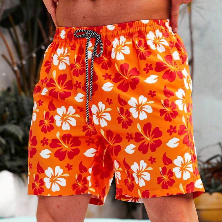 

Men's Flower Print Drawstring Waist Swim Trunks