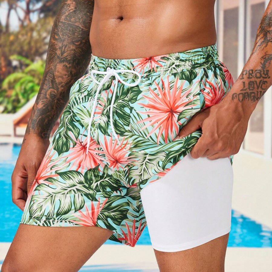 

Men Palm Leaf Print Drawstring Waist Swim Trunks