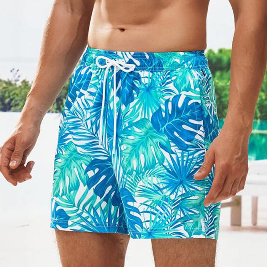 

Men's Palm Leaf Print Drawstring Waist Swim Trunks