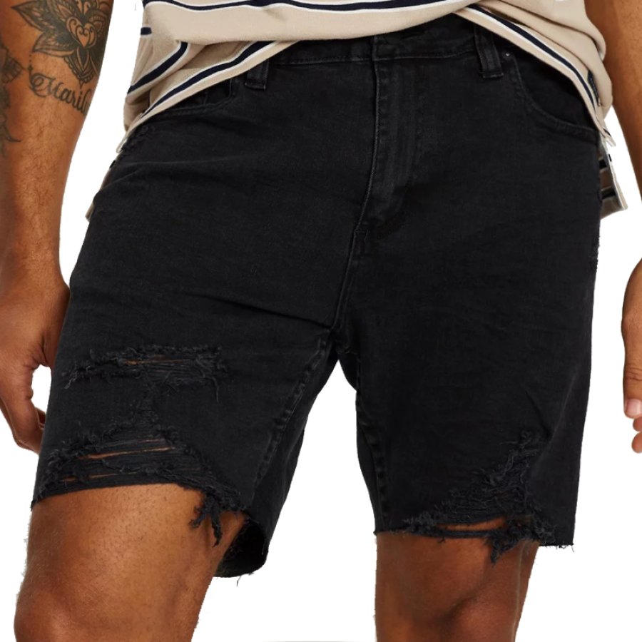 

Pantalones Cortos De Mezclilla Ajustados Y Rasgados Retro Lavados Para Hombre Jorts Negro