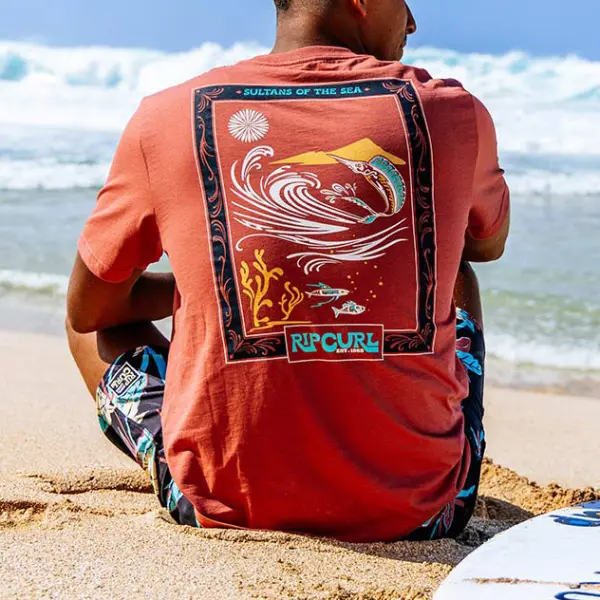 Men's T-Shirt Surf Sea Fish Print Beach Daily Crew Neck Short Sleeve Tops - Albionstyle.com 