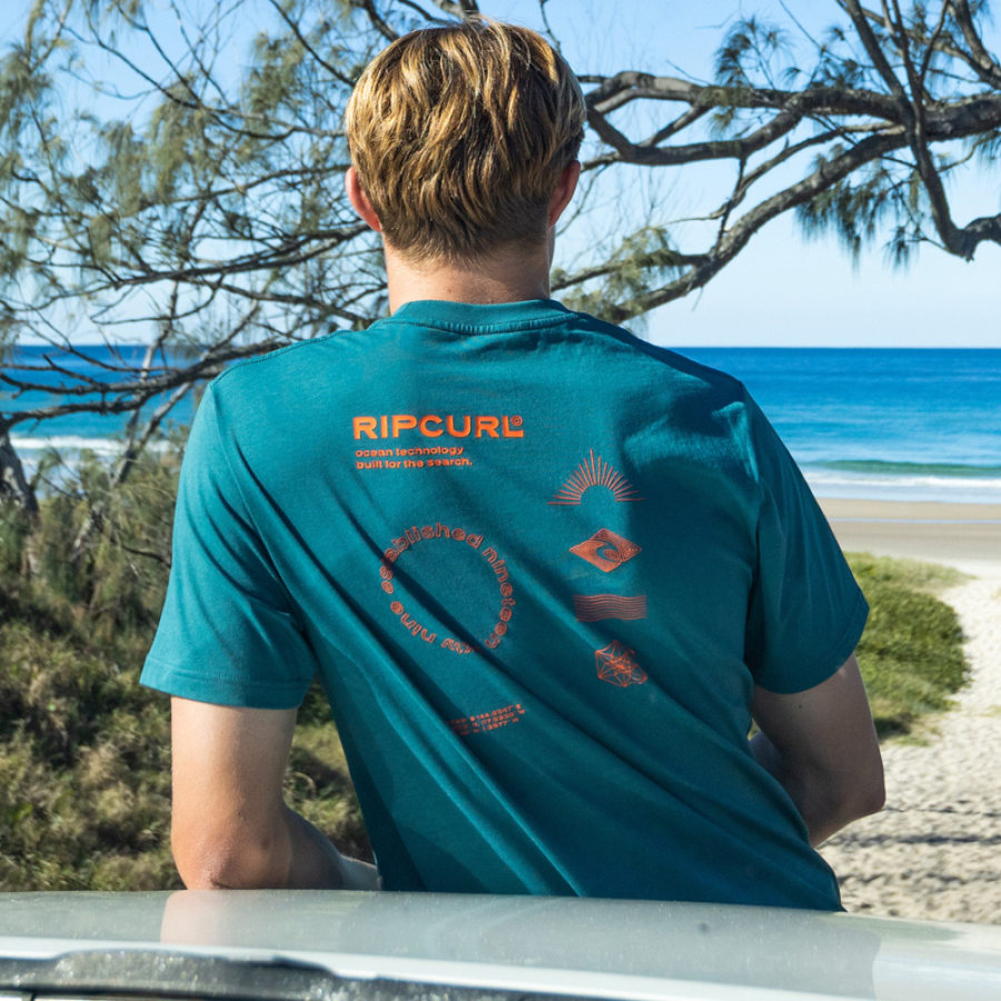 

Übergroßes Herren-T-Shirt Mit Surf-Print Und Strandresort In Blaugrün