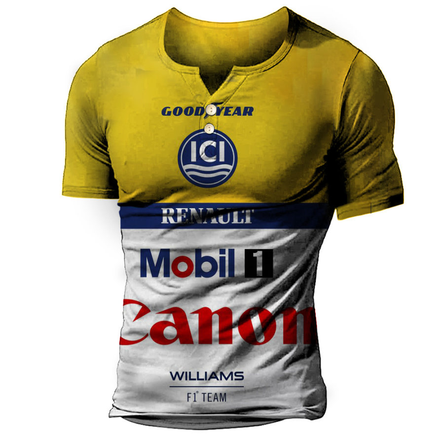 

Men's Vintage Henley T-shirt Racing Logo Distressed Print Short Sleeved Tactical T-shirt