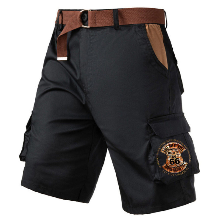 

Pantalones Cortos Cargo Con Múltiples Bolsillos Para Exteriores Con Bolsillo En Contraste Retro Con Estampado Route 66 Para Hombre