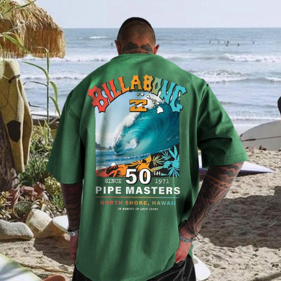 

Übergroßes Herren-Retro-Surf-Strandurlaub-Kurzarm-Freizeit-T-Shirt In Grün
