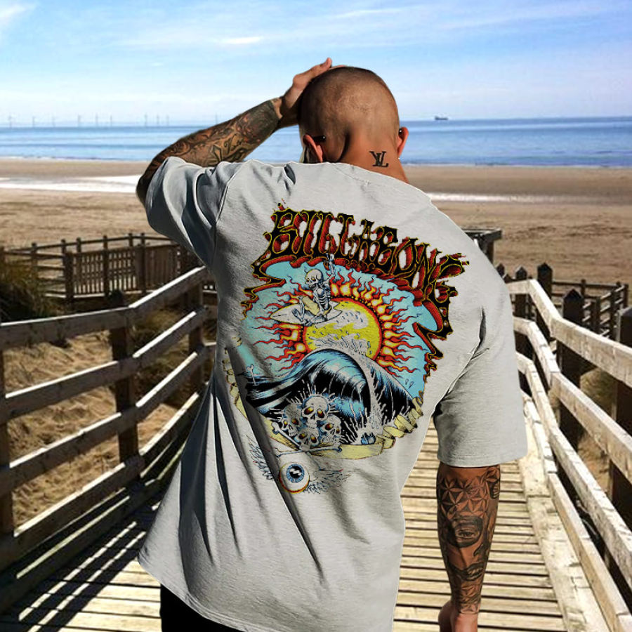 

T-shirt Décontracté à Manches Courtes Pour Hommes Surdimensionné Rétro Imprimé Crâne De Surf Vacances à La Plage