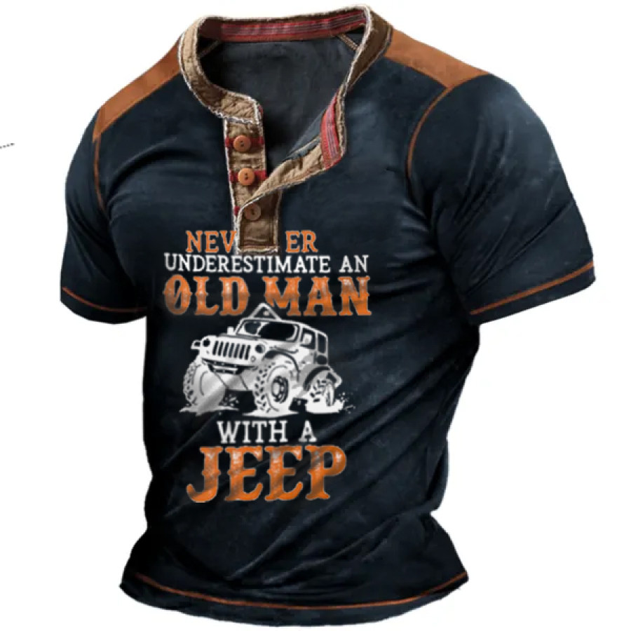 

Vintage Herren Old Man Jeep Bedrucktes Kurzarm-T-Shirt Mit Henley-Ausschnitt