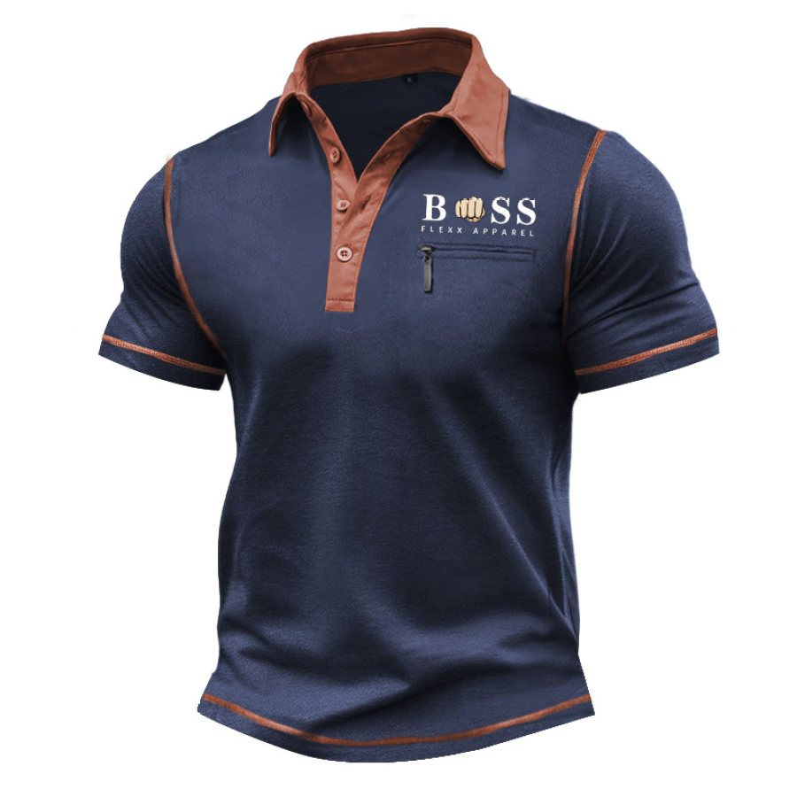 

Herren T-Shirt Polo Vintage Boss Print Reißverschlusstasche Farbblock Sommer Alltag Kurzarm Tops