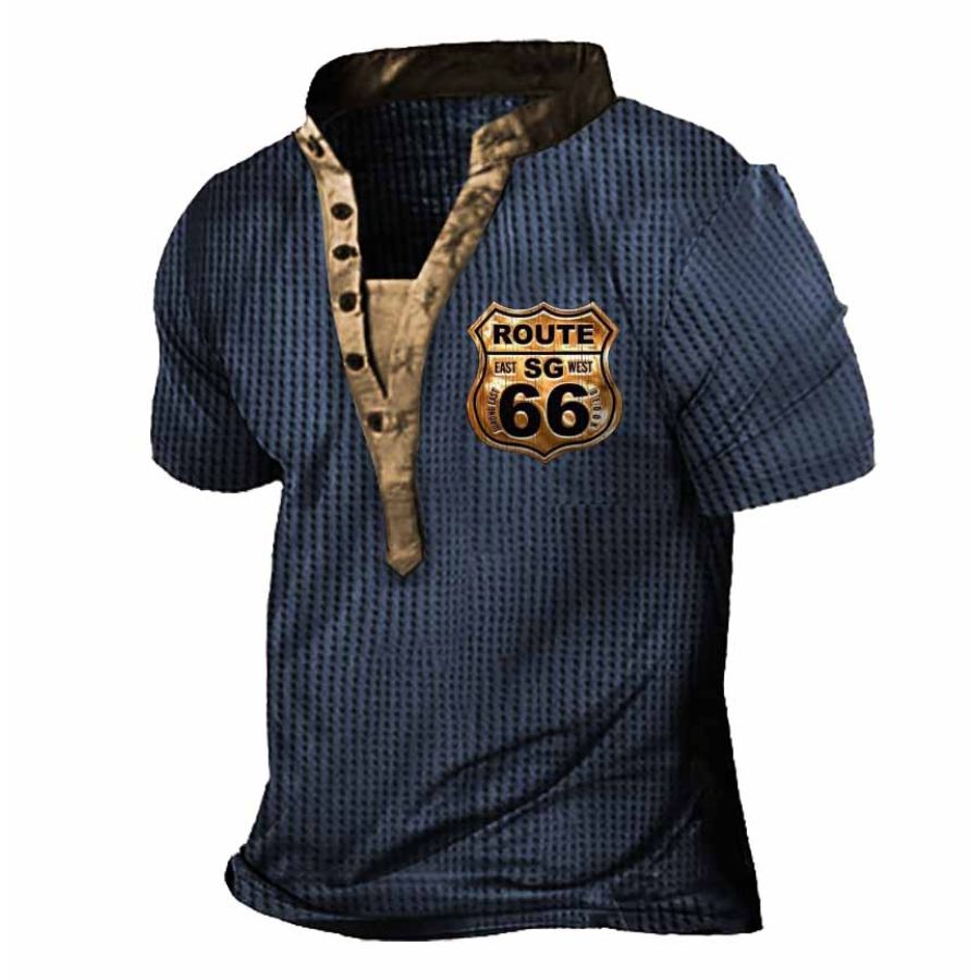 

Мужская футболка Henley Waffle Route 66 с принтом в винтажном стиле с короткими рукавами и цветными блоками Летние повседневные топы