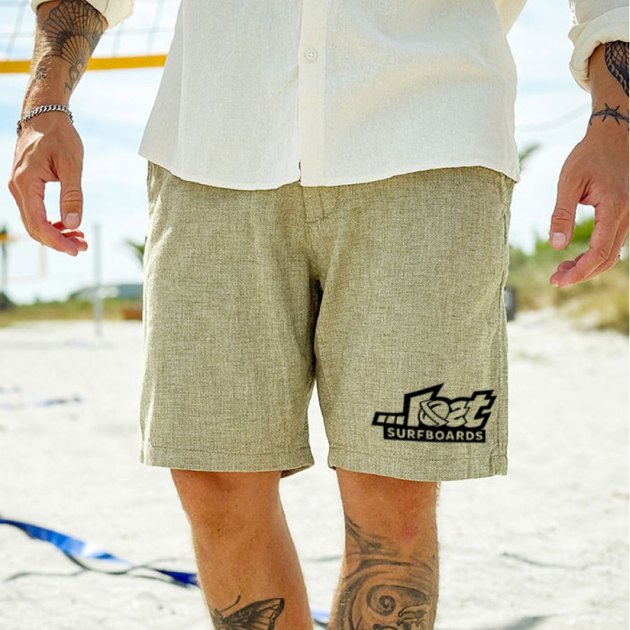 

Pantalones Cortos De Surf Para Hombre Retro Lost Surfboard Print Algodón Lino Playa Pantalones Cortos Casuales Diarios