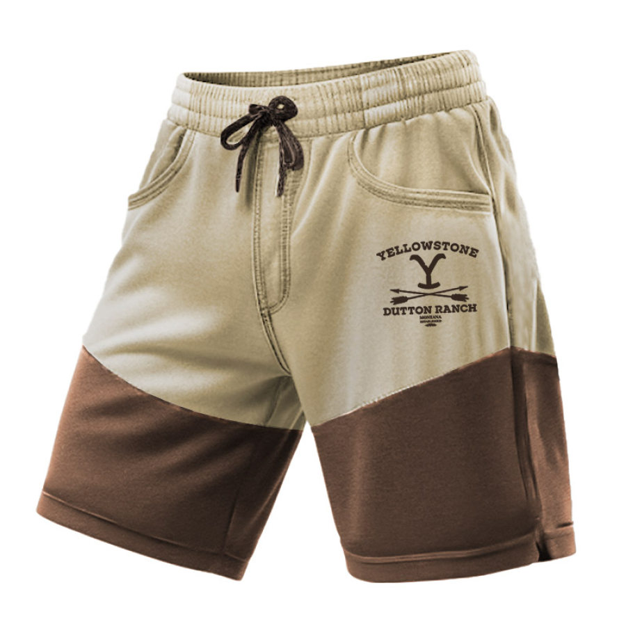 

Herren-Shorts Vintage-Yellowstone-Print Tasche Farbblock Outdoor-Kordelzug-Jogginghose