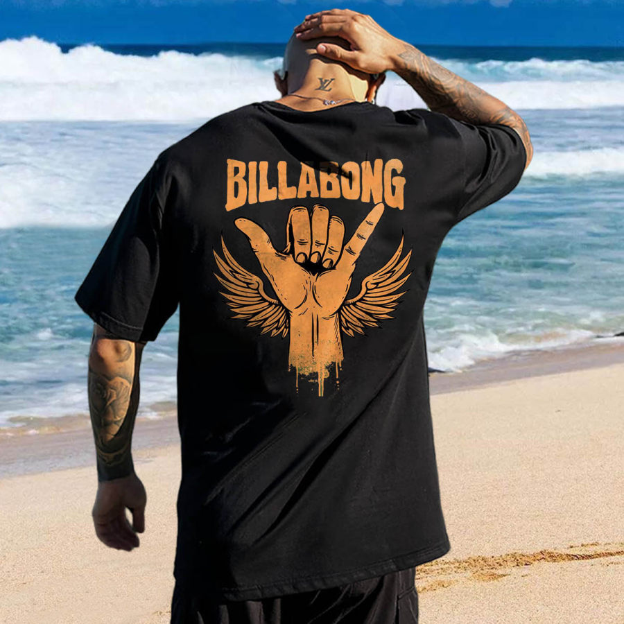 

Oversize Men's T-Shirt Vintage Billabong Surf Gesture Print Beach Short Sleeve Casual Tee