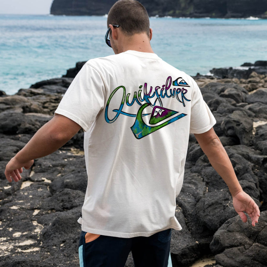 

Oversize Men's T-Shirt Vintage Quiksilver Print Beach Short Sleeve Casual Tee