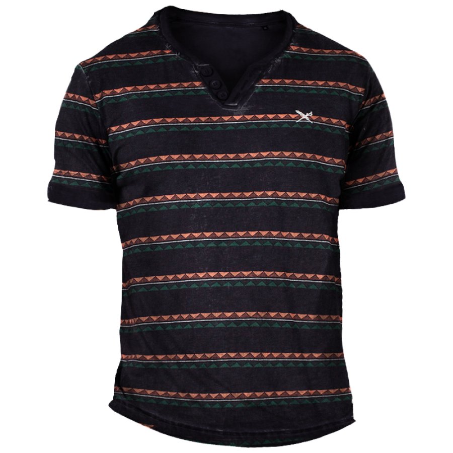

Men's Vintage Henley Collar Color Block Ethnic Print T-Shirt
