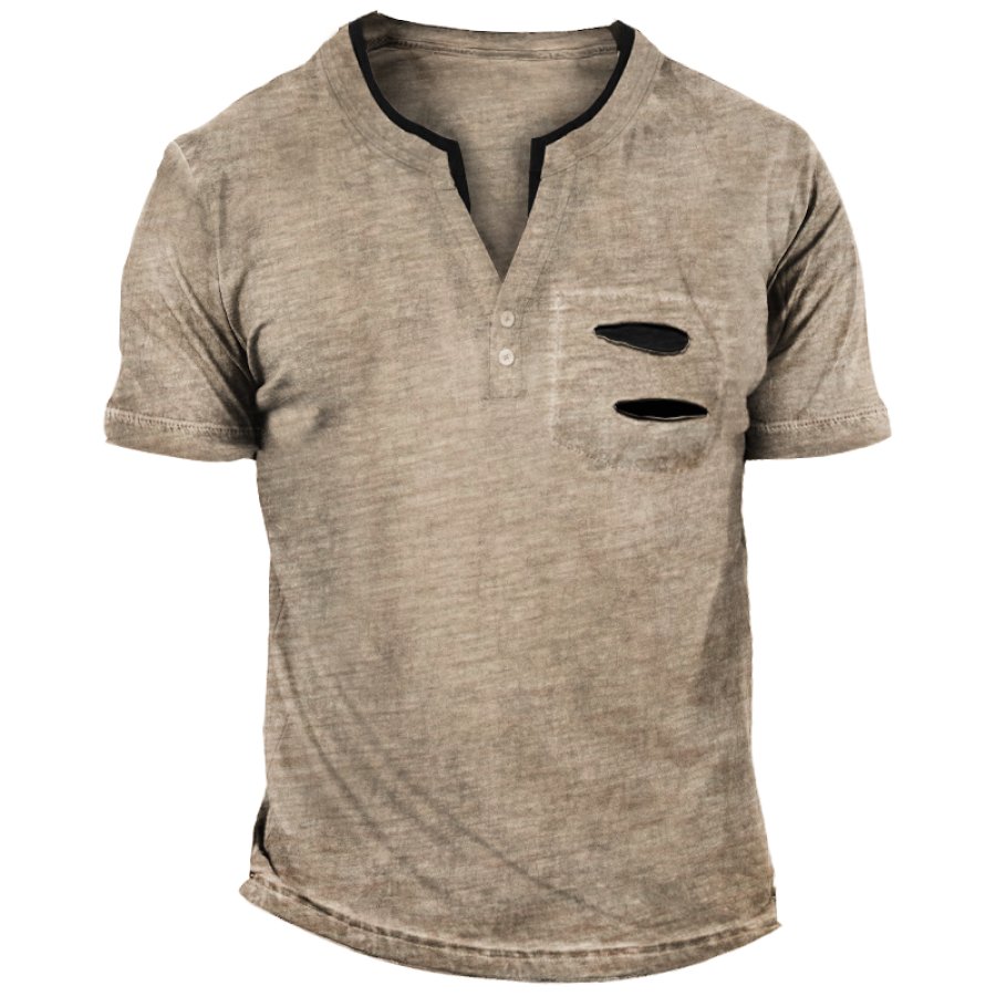 

Men's Vintage Distressed Contrast Color Block Henley T-Shirt