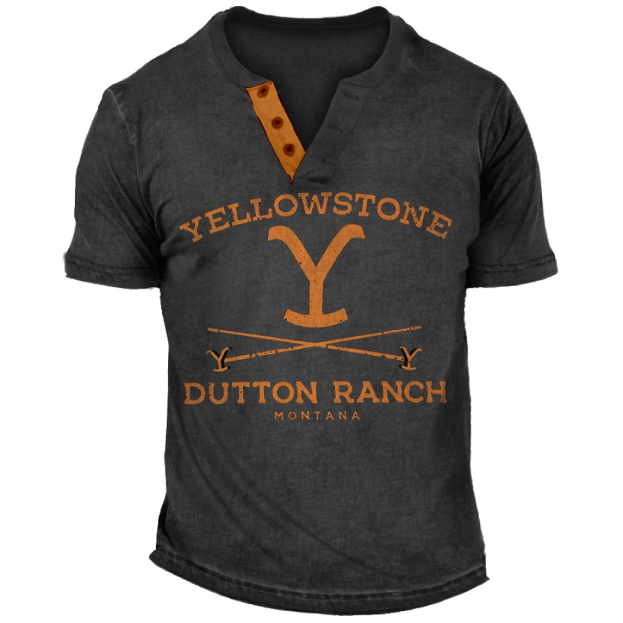 

Camiseta Vintage Con Cuello Henley Y Bloques De Color Con Estampado Yellowstone Para Hombre