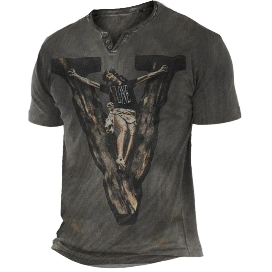 

T-shirt Imprimé à Col Vintage Skull Jesus Henry Pour Hommes